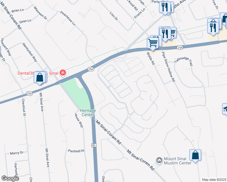map of restaurants, bars, coffee shops, grocery stores, and more near 177 Constantine Way in Mount Sinai