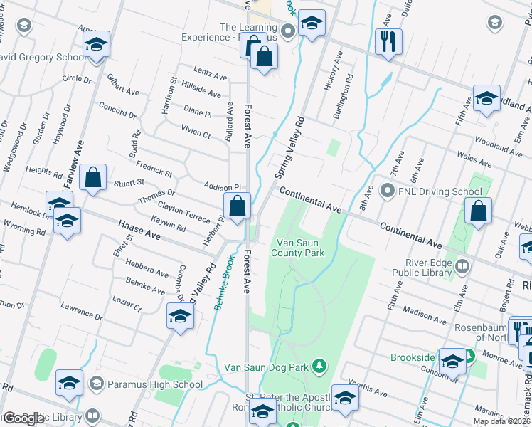 map of restaurants, bars, coffee shops, grocery stores, and more near 300 East Forest Avenue in Paramus