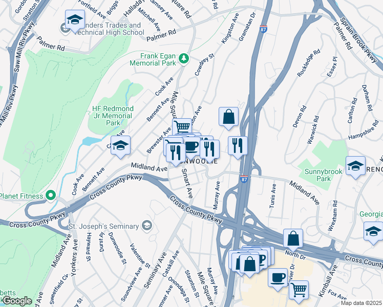 map of restaurants, bars, coffee shops, grocery stores, and more near 15 Cerone Avenue in Yonkers