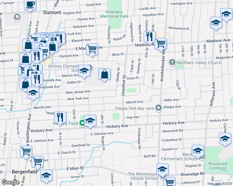 map of restaurants, bars, coffee shops, grocery stores, and more near 26 Shelley Court in Bergenfield