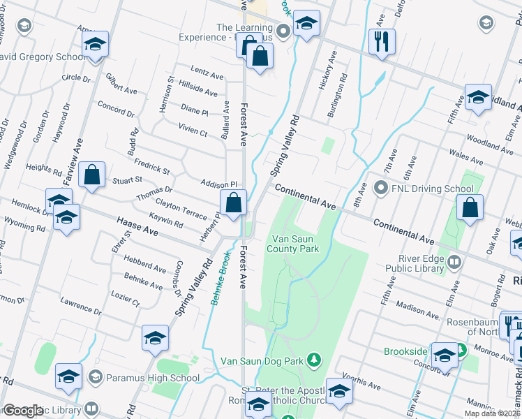 map of restaurants, bars, coffee shops, grocery stores, and more near 300 East Forest Avenue in Paramus