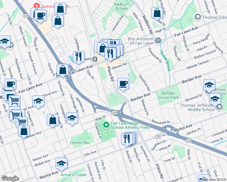 map of restaurants, bars, coffee shops, grocery stores, and more near 77 Landmark Lane in Fair Lawn