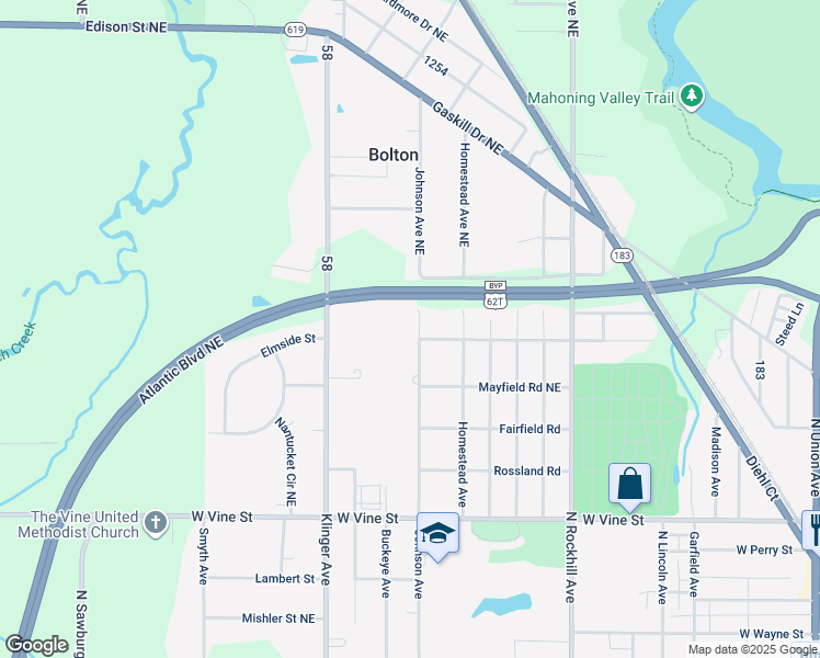 map of restaurants, bars, coffee shops, grocery stores, and more near 1342 Johnson Avenue Northeast in Alliance