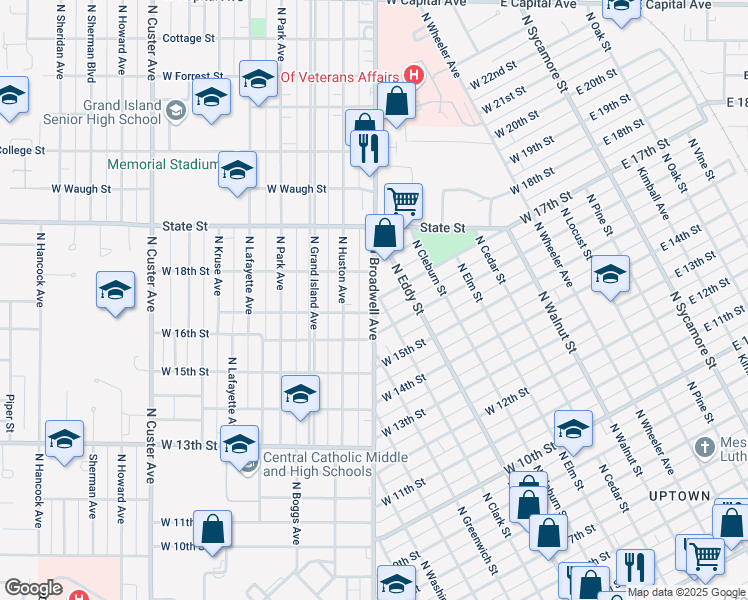 map of restaurants, bars, coffee shops, grocery stores, and more near 1720 North Broadwell Avenue in Grand Island