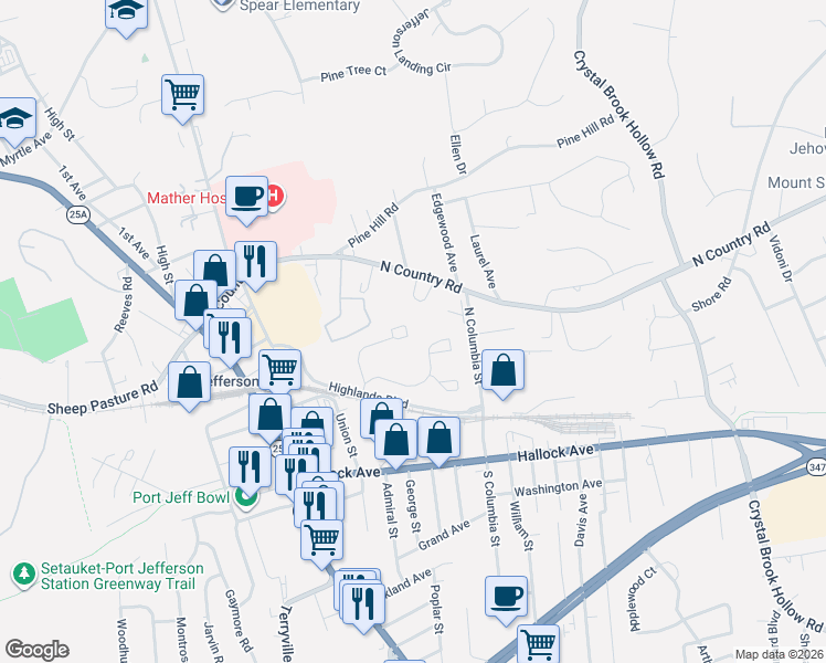 map of restaurants, bars, coffee shops, grocery stores, and more near 48 Leeward Court in Port Jefferson