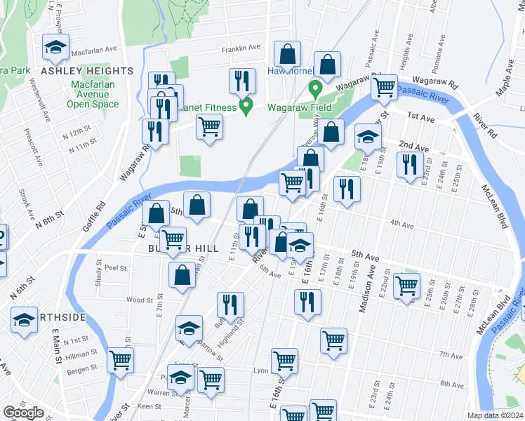 map of restaurants, bars, coffee shops, grocery stores, and more near 23 East 12th Street in Paterson