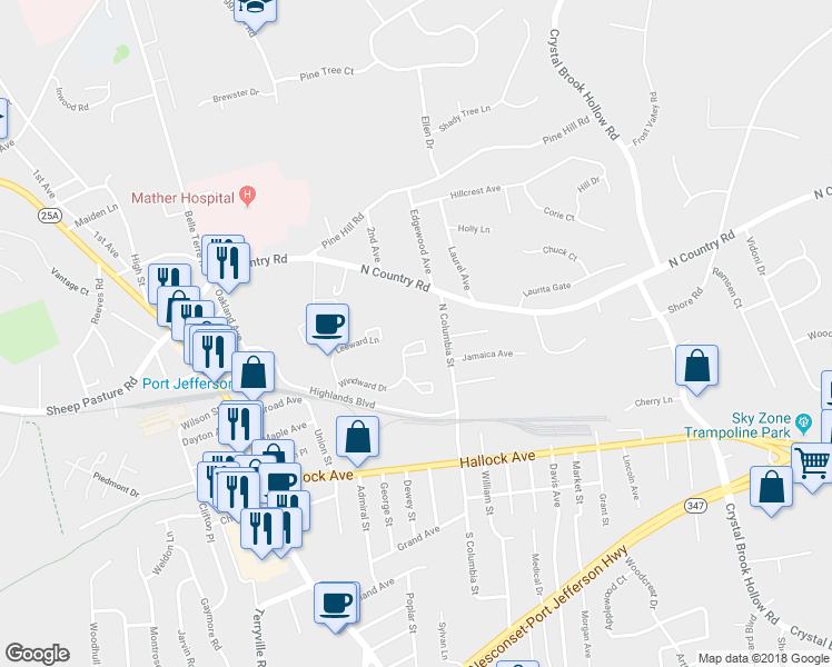 map of restaurants, bars, coffee shops, grocery stores, and more near 220 Windward Court North in Port Jefferson