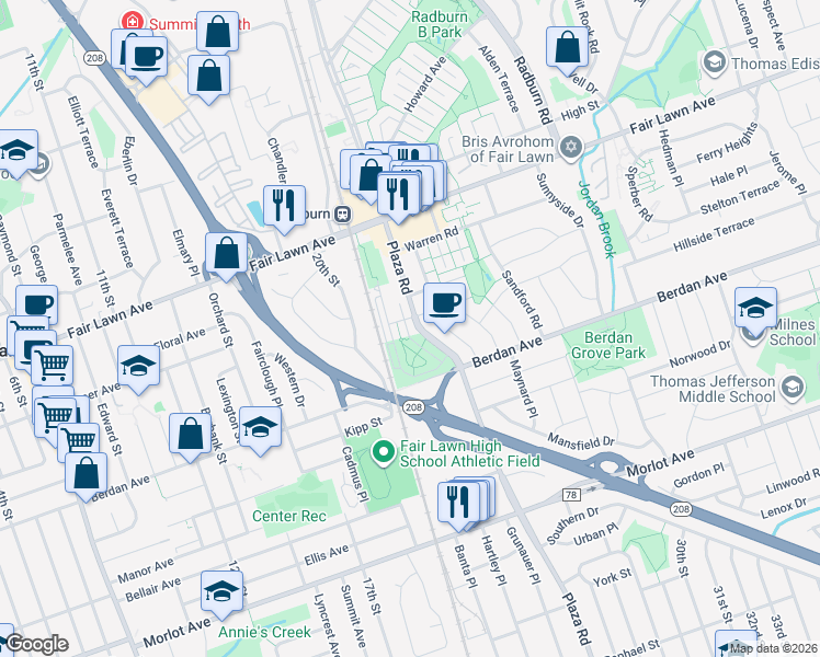 map of restaurants, bars, coffee shops, grocery stores, and more near 77 Landmark Lane in Fair Lawn
