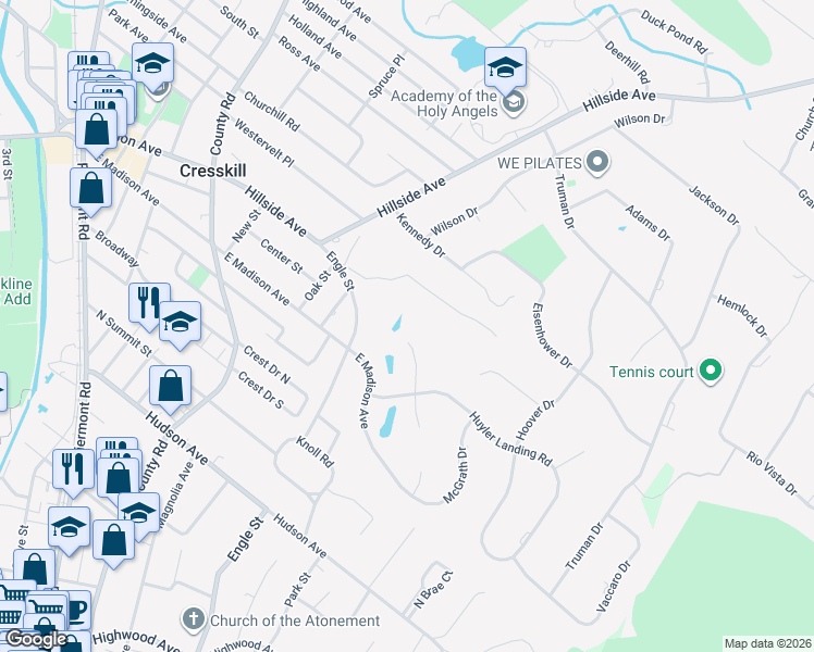 map of restaurants, bars, coffee shops, grocery stores, and more near 27 North Pond Road in Cresskill