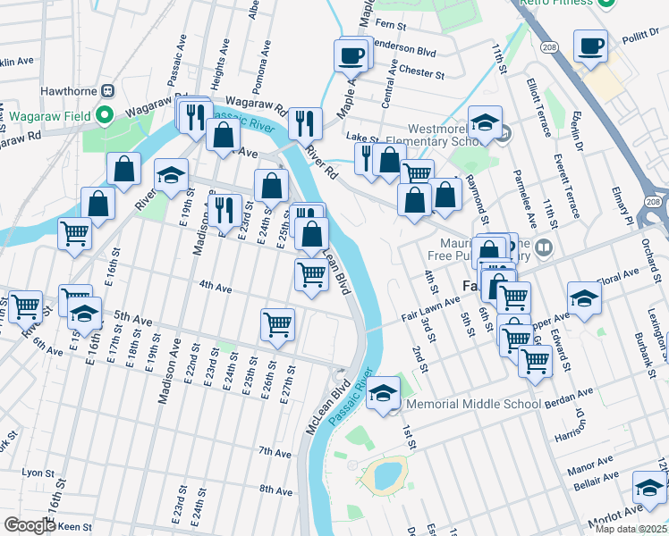 map of restaurants, bars, coffee shops, grocery stores, and more near 186 3rd Avenue in Paterson