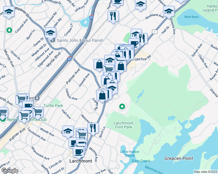map of restaurants, bars, coffee shops, grocery stores, and more near 1330 Boston Post Road in Larchmont