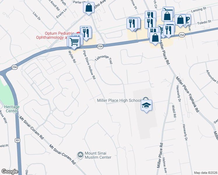 map of restaurants, bars, coffee shops, grocery stores, and more near 87 Tallmadge Trail in Miller Place