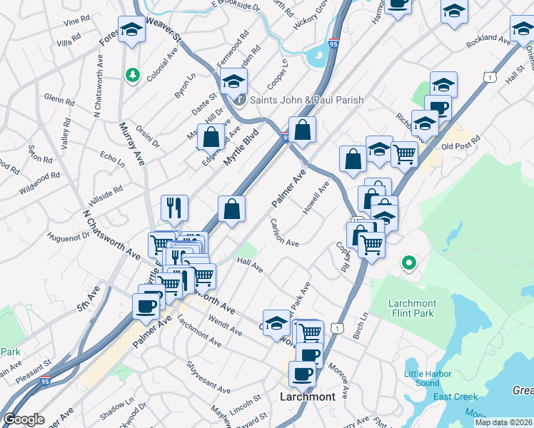 map of restaurants, bars, coffee shops, grocery stores, and more near  in Westchester County
