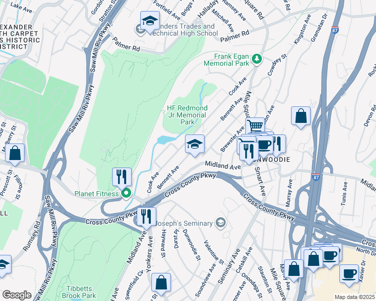 map of restaurants, bars, coffee shops, grocery stores, and more near 100 Cook Avenue in Yonkers