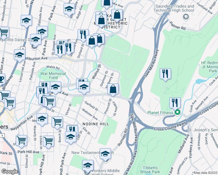 map of restaurants, bars, coffee shops, grocery stores, and more near 16 Mulberry Street in Yonkers