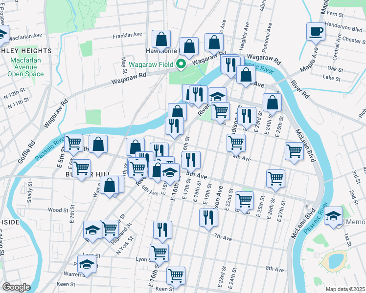 map of restaurants, bars, coffee shops, grocery stores, and more near 63 4th Avenue in Paterson
