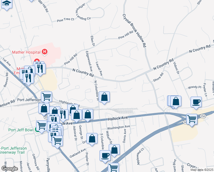 map of restaurants, bars, coffee shops, grocery stores, and more near 53 Woodside Ave in Port Jefferson