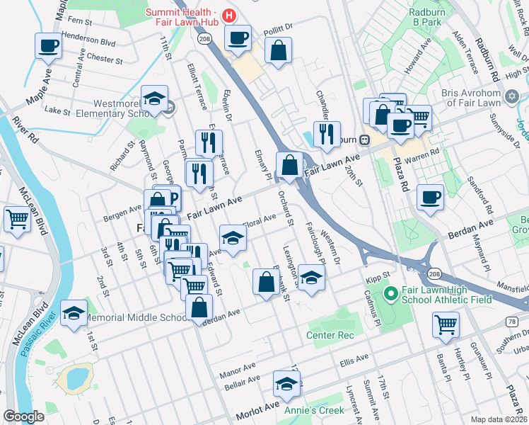 map of restaurants, bars, coffee shops, grocery stores, and more near 14-01 Floral Avenue in Fair Lawn