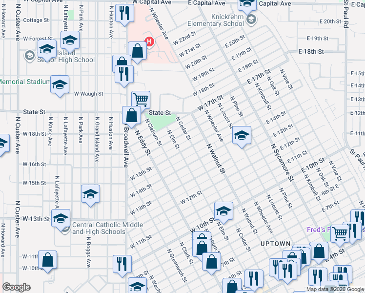 map of restaurants, bars, coffee shops, grocery stores, and more near 1500-1548 North Cedar Street in Grand Island