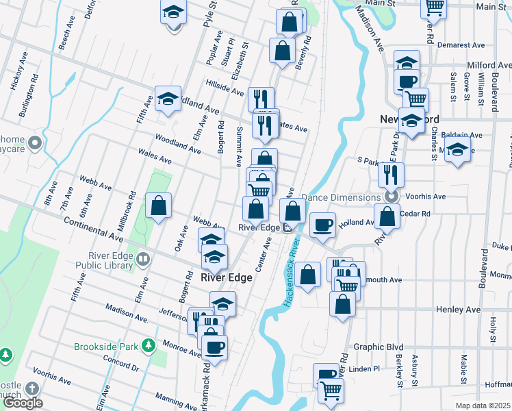 map of restaurants, bars, coffee shops, grocery stores, and more near 830 Kinderkamack Road in River Edge