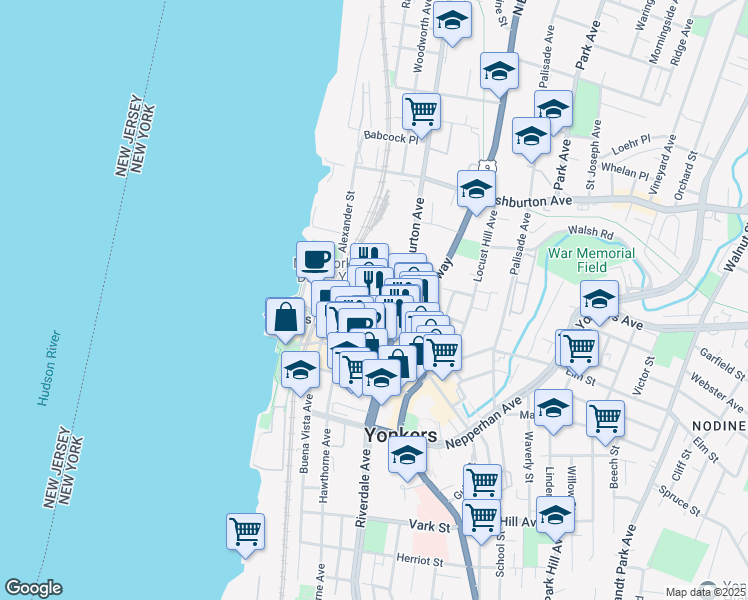 map of restaurants, bars, coffee shops, grocery stores, and more near 2 Atherton Street in Yonkers