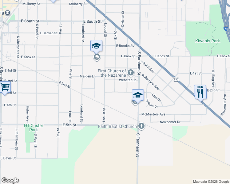 map of restaurants, bars, coffee shops, grocery stores, and more near 1401 Clay Street in Galesburg
