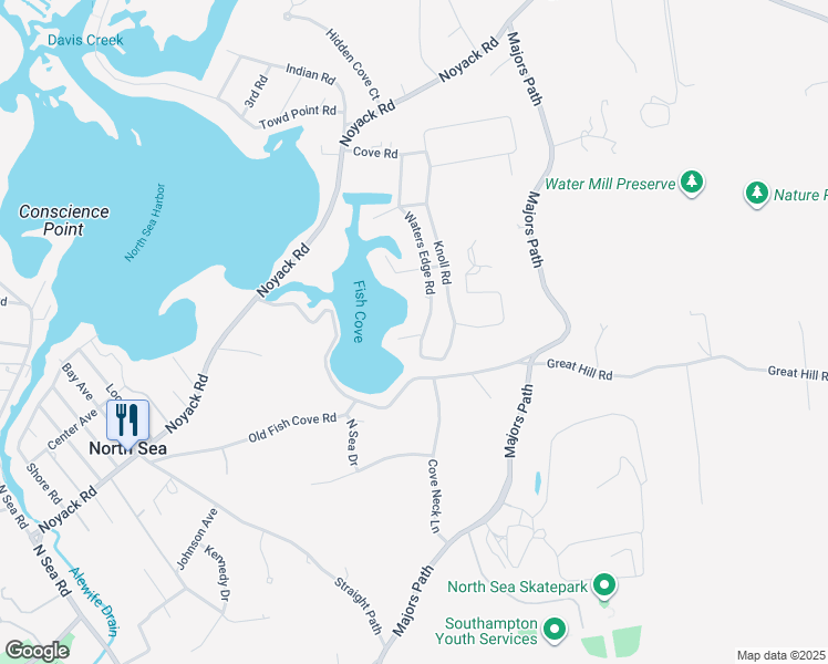 map of restaurants, bars, coffee shops, grocery stores, and more near 16 Doris Lane in Southampton