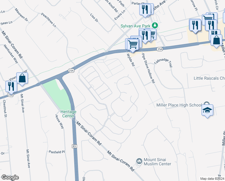 map of restaurants, bars, coffee shops, grocery stores, and more near 109 Constantine Way in Mount Sinai