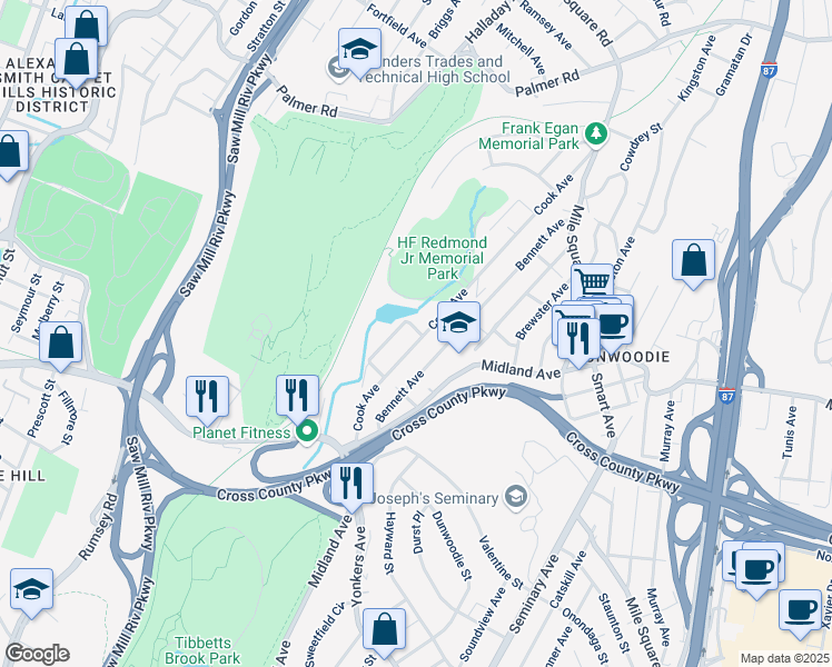 map of restaurants, bars, coffee shops, grocery stores, and more near 64 Rumsey Avenue in Yonkers