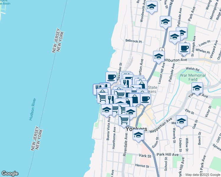 map of restaurants, bars, coffee shops, grocery stores, and more near 99 Dock Street in Yonkers