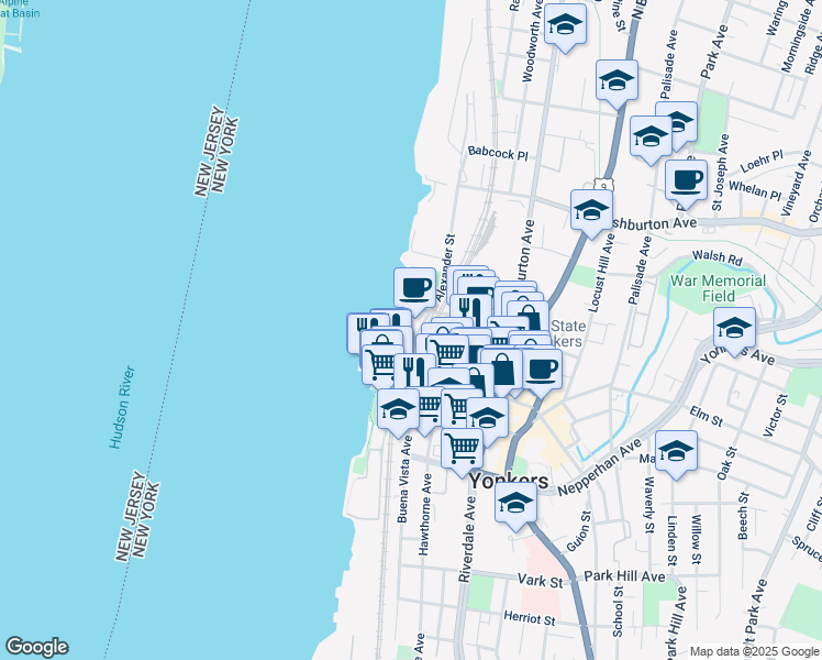 map of restaurants, bars, coffee shops, grocery stores, and more near 99 Dock Street in Yonkers