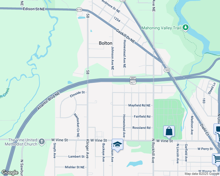 map of restaurants, bars, coffee shops, grocery stores, and more near 1342 Johnson Avenue Northeast in Alliance