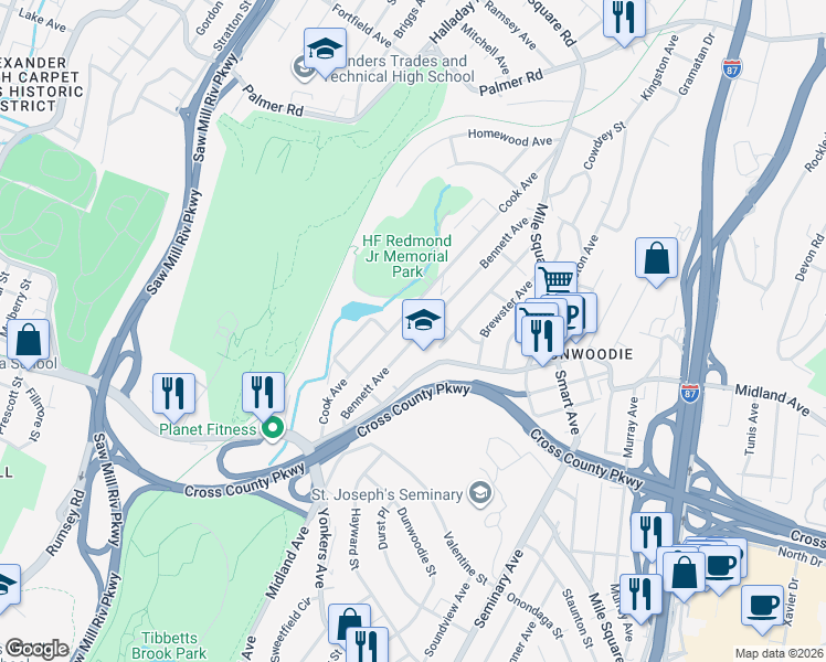 map of restaurants, bars, coffee shops, grocery stores, and more near 100 Cook Avenue in Yonkers
