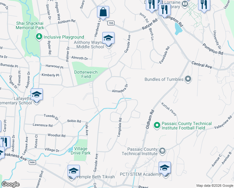 map of restaurants, bars, coffee shops, grocery stores, and more near 24 Almadera Drive in Wayne