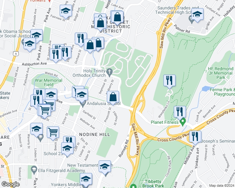map of restaurants, bars, coffee shops, grocery stores, and more near 364B Ashburton Avenue in Yonkers
