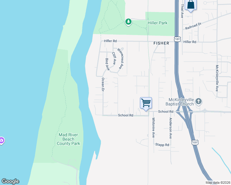 map of restaurants, bars, coffee shops, grocery stores, and more near 1704 Bird Avenue in McKinleyville