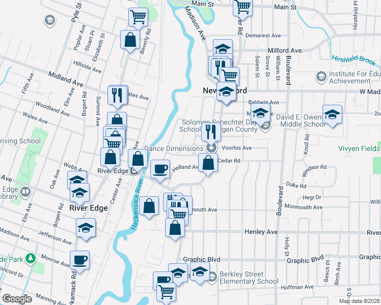 map of restaurants, bars, coffee shops, grocery stores, and more near 144 Voorhis Avenue in New Milford