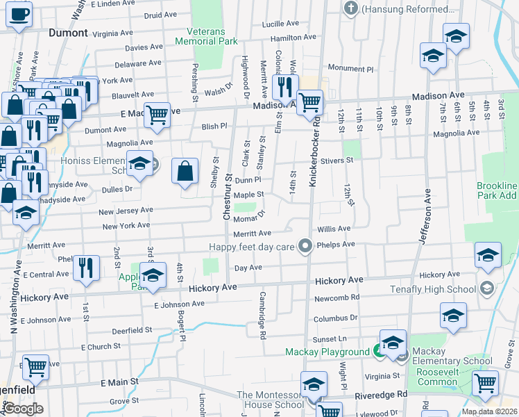 map of restaurants, bars, coffee shops, grocery stores, and more near 68 Momar Drive in Bergenfield