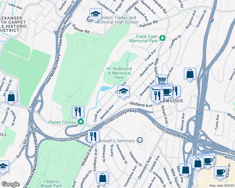 map of restaurants, bars, coffee shops, grocery stores, and more near 100 Cook Avenue in Yonkers