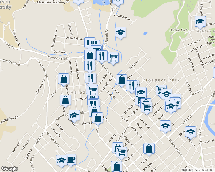 map of restaurants, bars, coffee shops, grocery stores, and more near 68 Zabriskie Street in Haledon