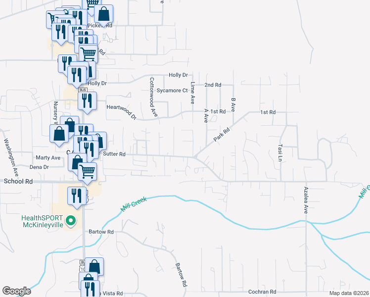 map of restaurants, bars, coffee shops, grocery stores, and more near 1947 Sutter Road in McKinleyville