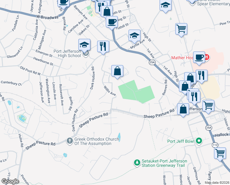 map of restaurants, bars, coffee shops, grocery stores, and more near 102 Alice Street in Port Jefferson