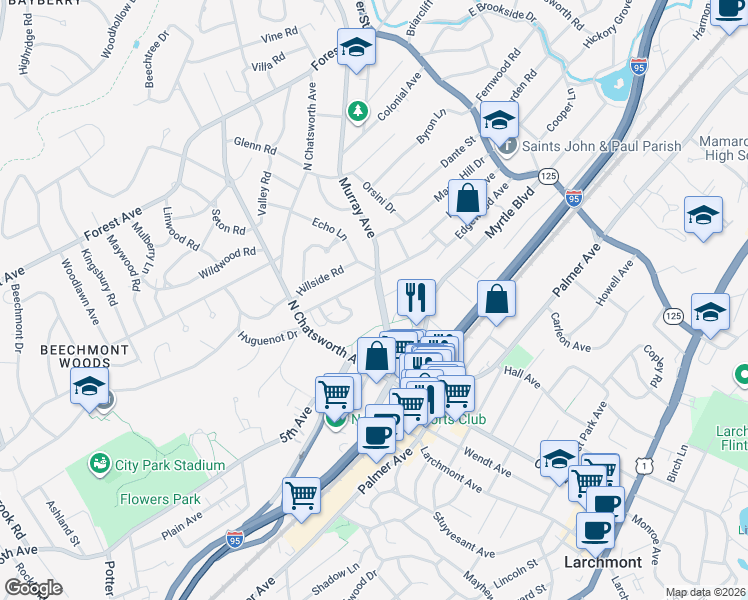 map of restaurants, bars, coffee shops, grocery stores, and more near 71 Murray Avenue in Larchmont
