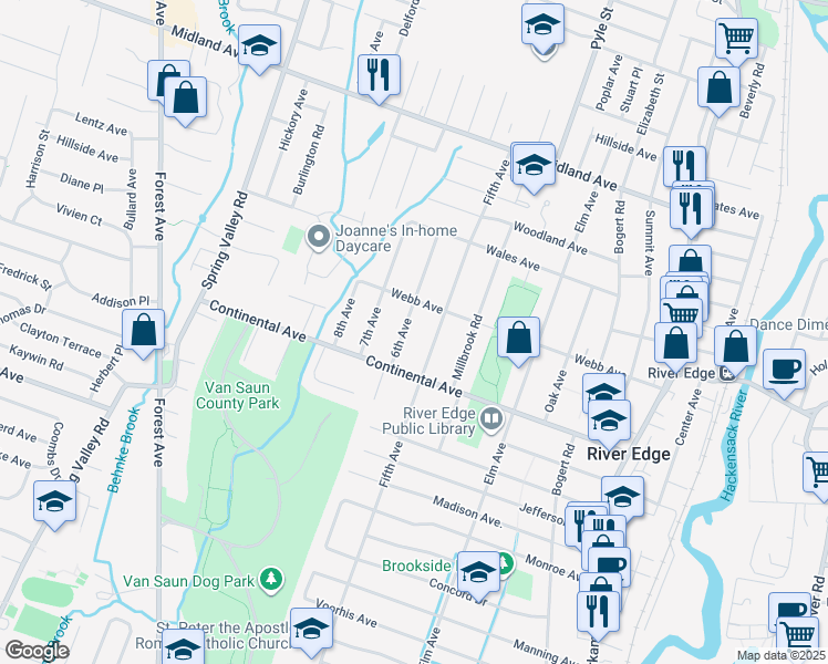 map of restaurants, bars, coffee shops, grocery stores, and more near 738 6th Avenue in River Edge