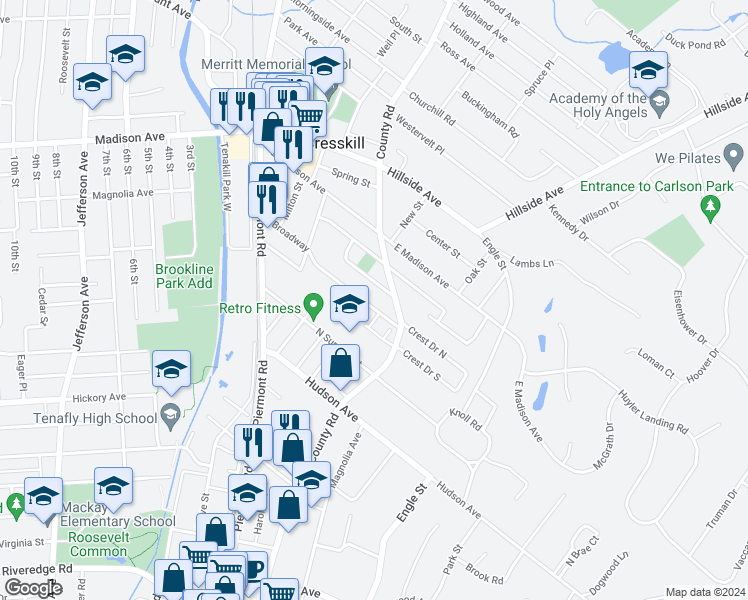 map of restaurants, bars, coffee shops, grocery stores, and more near 163 Broadway in Cresskill