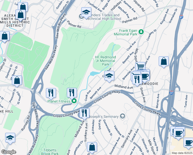 map of restaurants, bars, coffee shops, grocery stores, and more near 64 Rumsey Avenue in Yonkers
