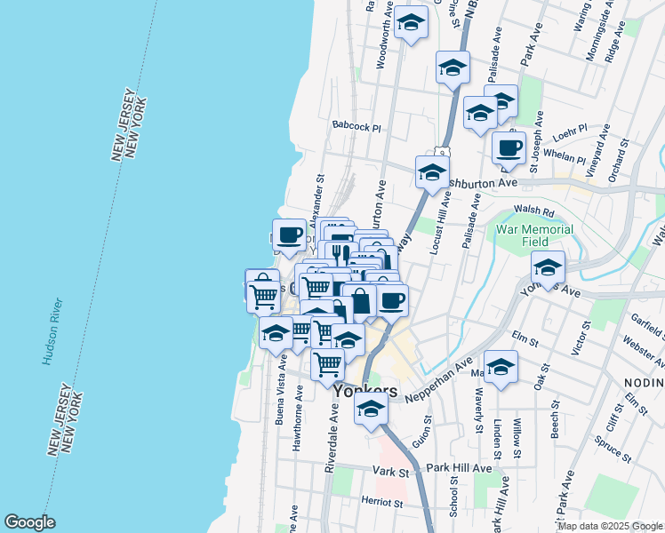 map of restaurants, bars, coffee shops, grocery stores, and more near 44 Wells Avenue in Yonkers