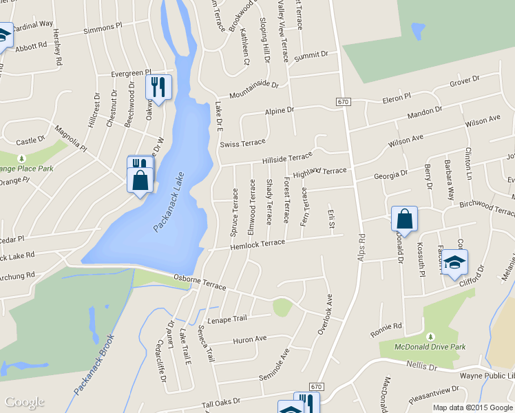map of restaurants, bars, coffee shops, grocery stores, and more near 46 Elmwood Terrace in Wayne