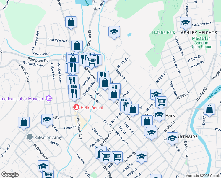 map of restaurants, bars, coffee shops, grocery stores, and more near 85 North 15th Street in Prospect Park