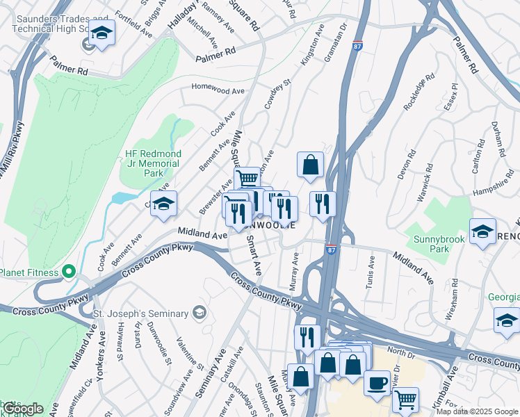 map of restaurants, bars, coffee shops, grocery stores, and more near 15 Cerone Avenue in Yonkers